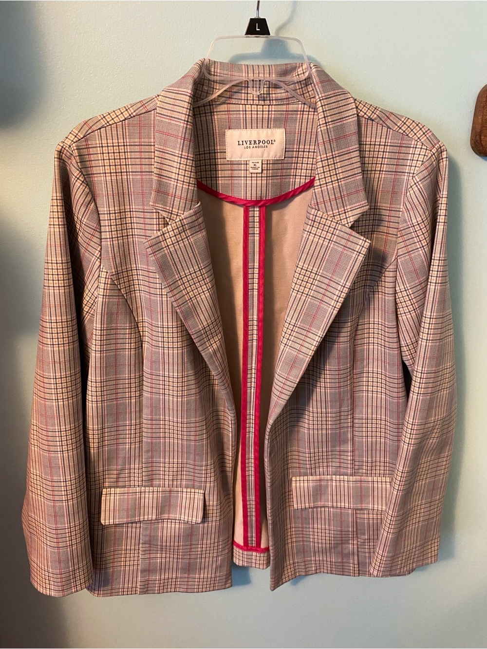 LIVERPOOL Women's XL petite Pink & Gray Plaid Blazer! EUC!! Pristine!